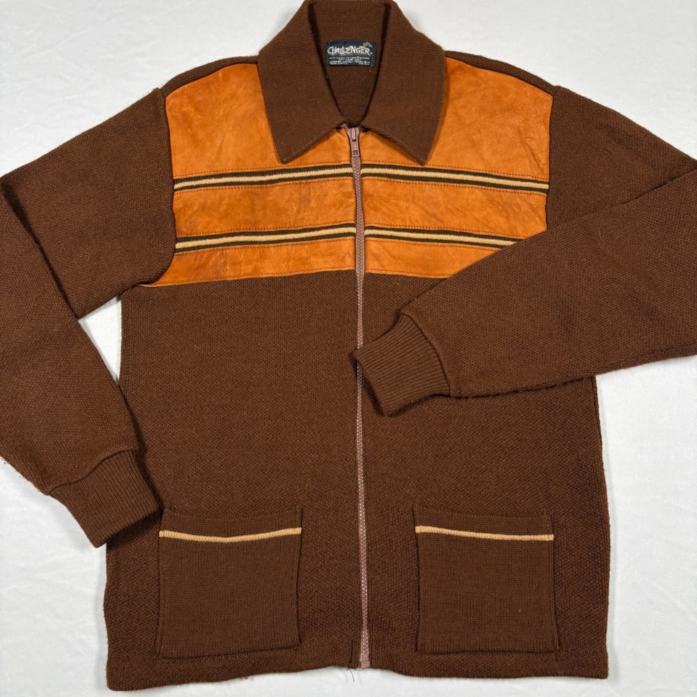 Challenger Knit Jacket Mens M Brown Leather Suede Western Point Collar Vtg 70s